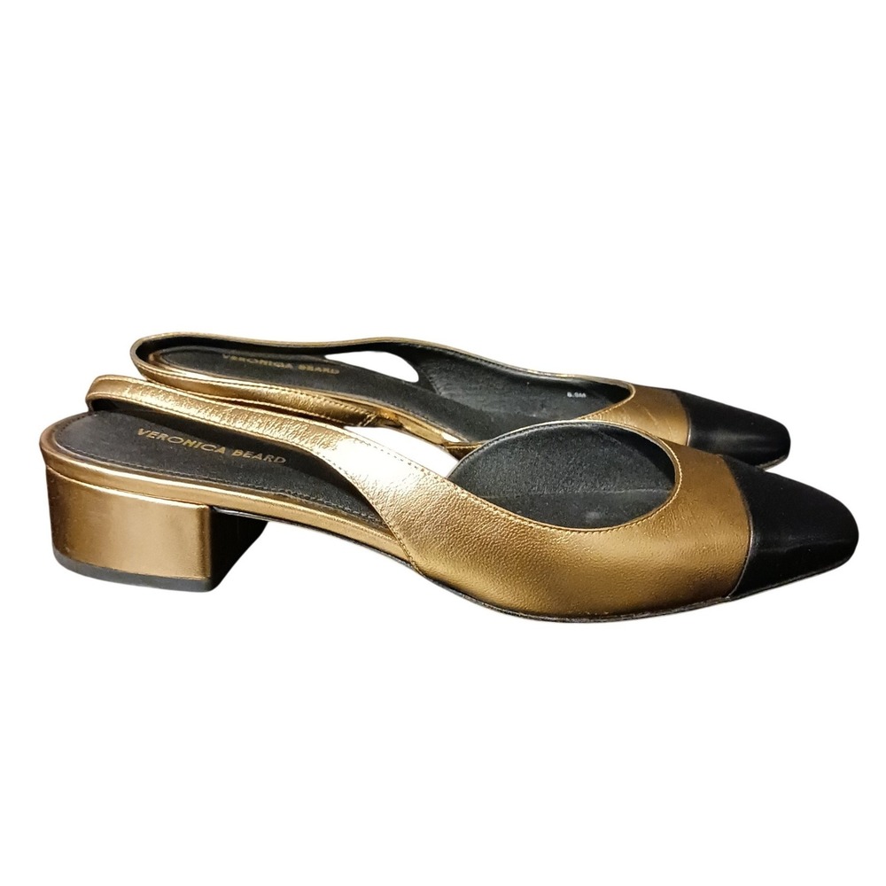 NIB Veronica Beard Cecile Half d'Orsay Slingback Pump 8.5‎ Gold Black Leather - Picture 3 of 12